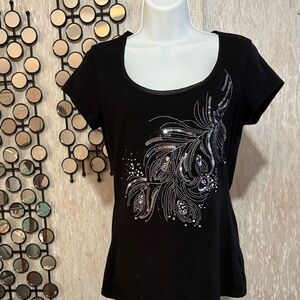 White House Black Market Black Short-Sleeve Embellished Scoop Neck Tee